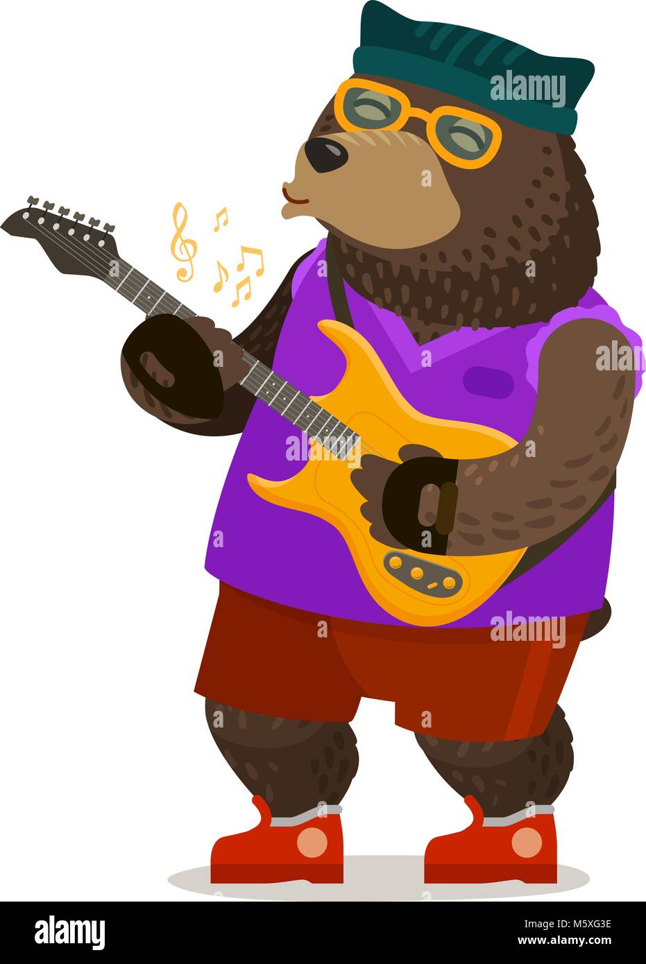 Bear suonare la chitarra elettrica. Musica, rock and roll festival musicale di concetto. Fumetto illustrazione vettoriale Illustrazione Vettoriale