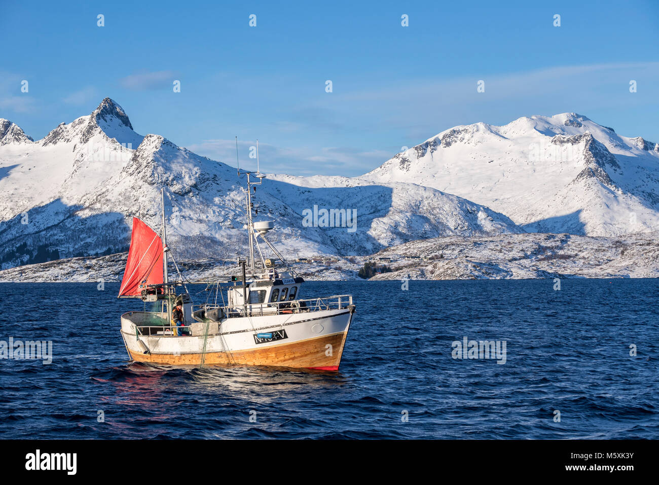 Tradizionale barca da pesca di cattura il net, montagne innevate sullo sfondo, Lofoten, Norvegia Foto Stock