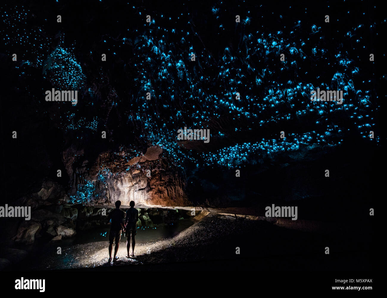 Matura in piedi sotto il cielo di Glowworms in grotte Waipu,Nuovo Zaland Foto Stock