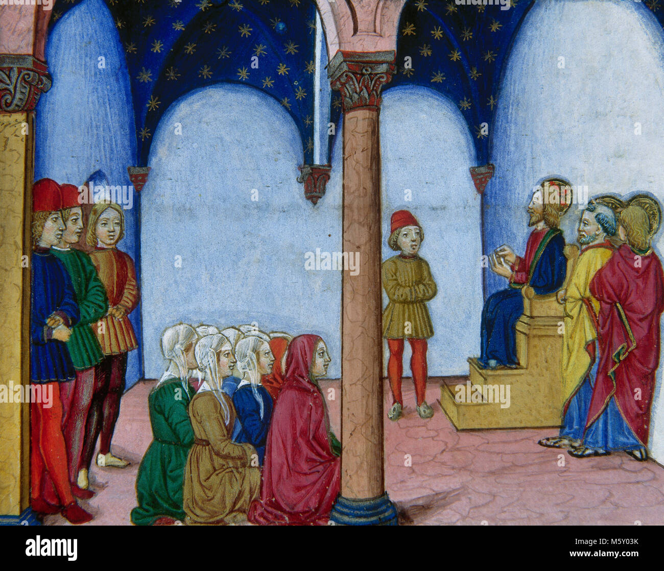 Gesù prega al tempio mentre i sacerdoti non sa come uccidere lui. Codex di Predis, 1476. Biblioteca Reale. Torino. L'Italia. Foto Stock