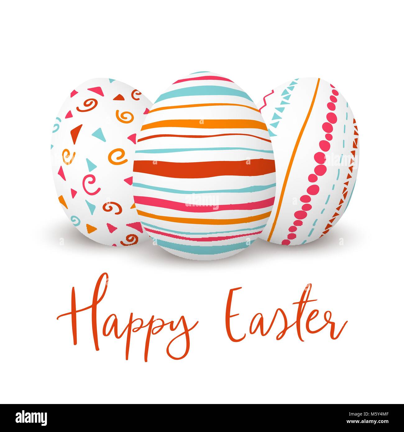 Felice Pasqua. Pasqua decorate in bianco doodle uova. Ornamenti scandinavo. semplice arancione, rosso, strisce blu, pattern , coriandoli, illustrazione vettoriale. Illustrazione Vettoriale