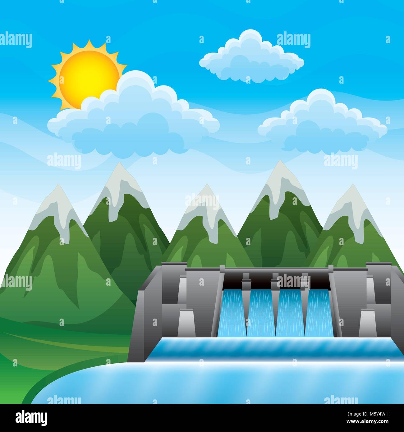 Paesaggio di montagna con diga idroelettrica pulita di energia Illustrazione Vettoriale