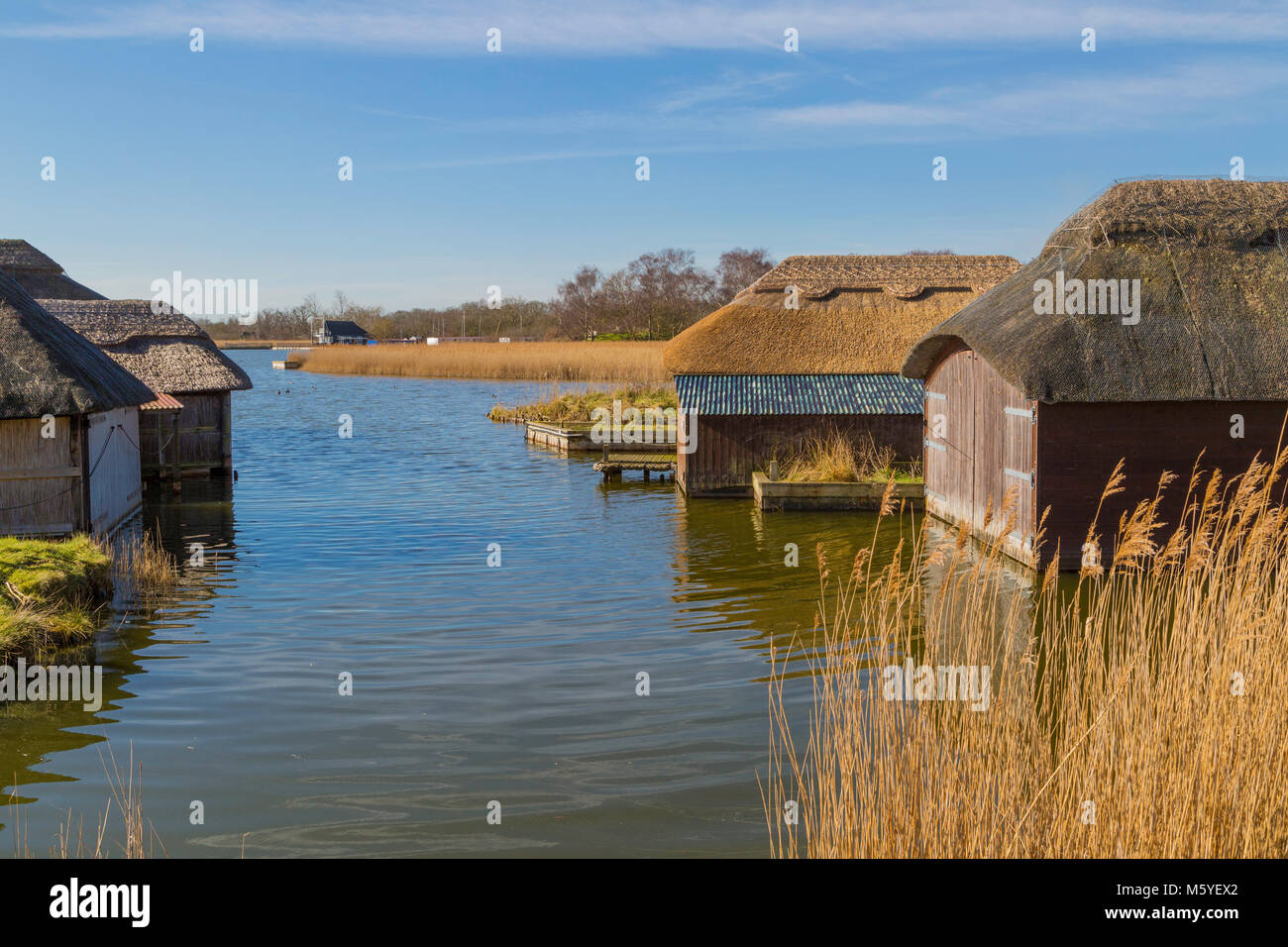 Con il tetto di paglia case battello a Hickling in Norfolk Broads. Foto Stock