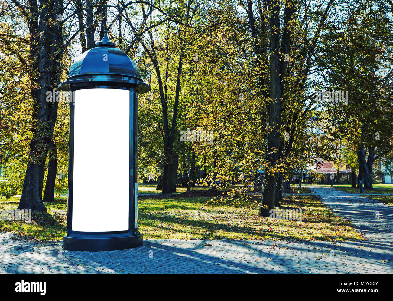 Vuota la pubblicità outdoor billboard mockup sulla strada di città aganst alberi d'autunno Foto Stock