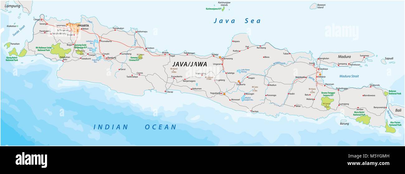 Strada del vettore e il parco nazionale di mappa dell'isola indonesiana di java Illustrazione Vettoriale