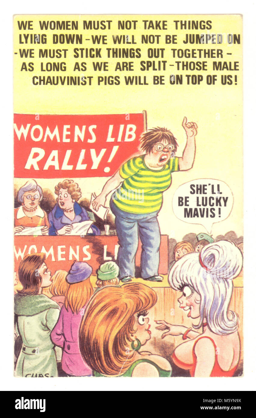 Cartolina fumettistica fumettistica saucy anti-femminista - rally lib femminile, anni '70 circa, Regno Unito Foto Stock