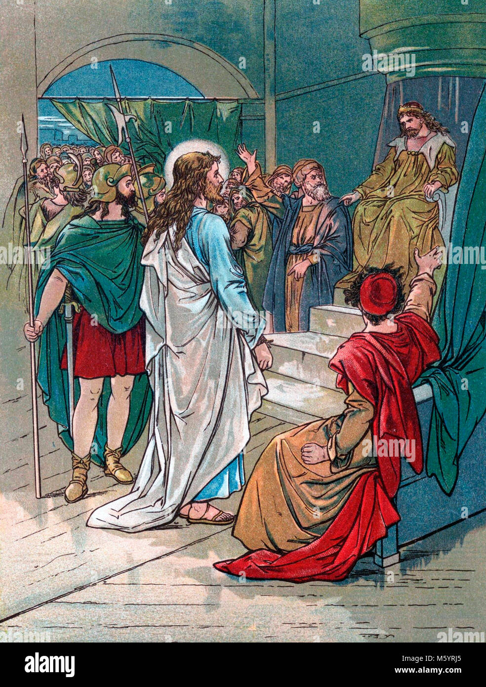 Gesù che appare davanti a Ponzio Pilato. Illustrazione da 'un bambino della storia della Bibbia" da Maria Lathbury, pubblicato nel 1898. Foto Stock