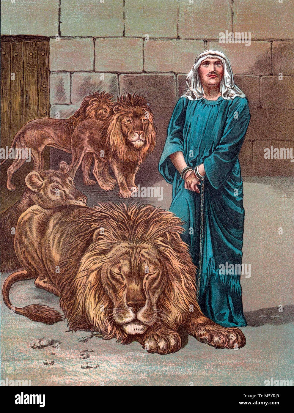Daniele nella fossa dei leoni (Libro di Daniele). Illustrazione da 'un bambino della storia della Bibbia" da Maria Lathbury, pubblicato nel 1898. Foto Stock