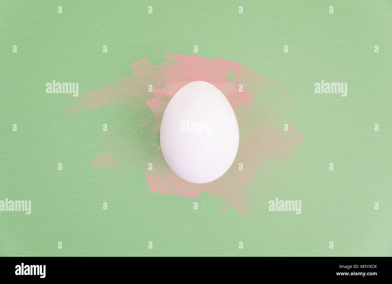 Un uovo bianco su verde pastello con sfondo rosa acquerello schizza. Foto Stock