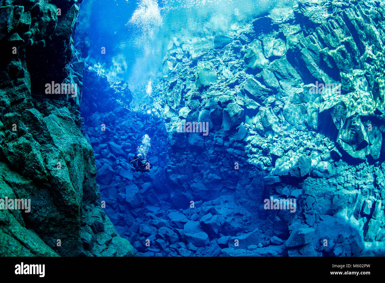 Scuba diving in Silfra fessura, Thingvellir National Park, Islanda Foto Stock