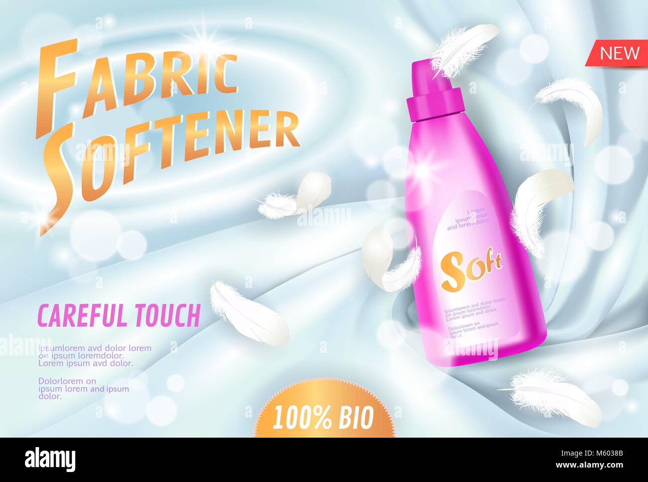 Realistico detergenti per bucato ammorbidente per tessuto. Contenitore di tubo inserzionista sfondo luminoso di seta tessuto soffice piuma bianco. Modello tridimensionale mock up del branding promuovere luxury home prodotto illustrazione vettoriale Illustrazione Vettoriale