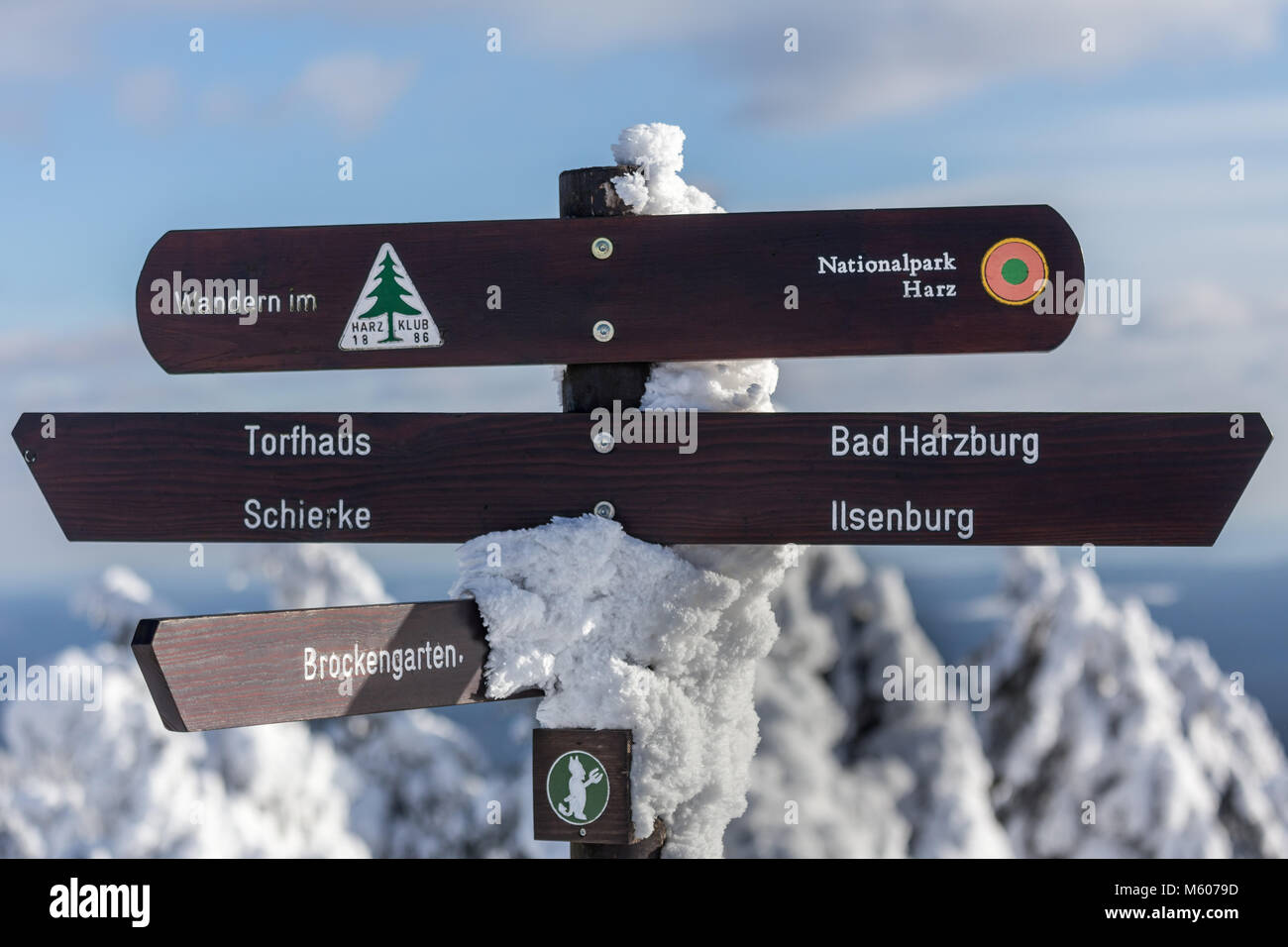 Escursionismo segni brocken germania in inverno Foto Stock