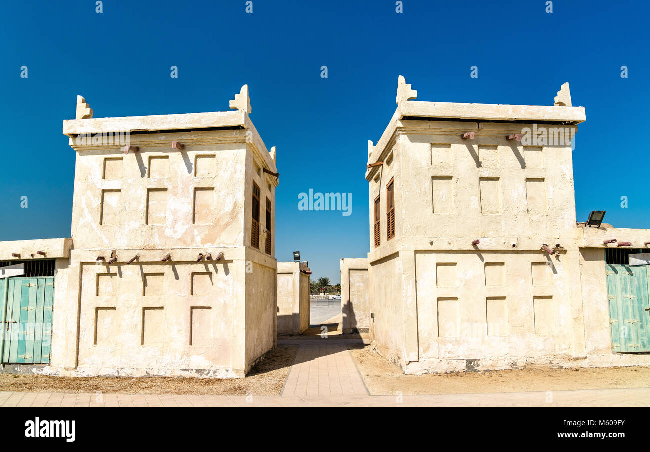 Case tradizionali a Forte di Arad su Muharraq Island, Bahrain Foto Stock