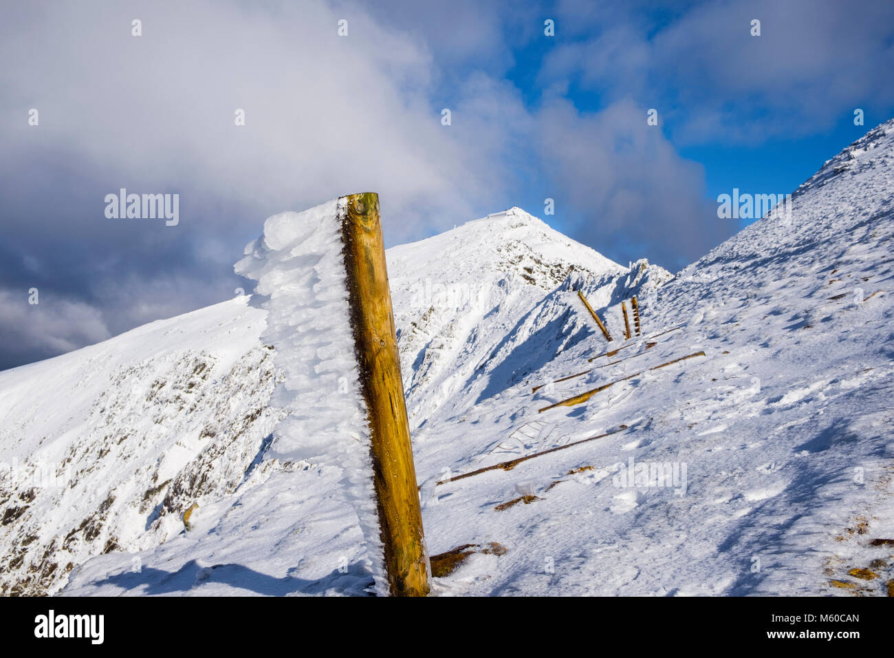 Soffiata dal vento di ghiaccio sul palo da recinzione con vista di Snowdon peak da Rhyd Ddu percorso sottostante Bwlch principale in inverno la neve nel Parco Nazionale di Snowdonia. Wales UK Gran Bretagna Foto Stock
