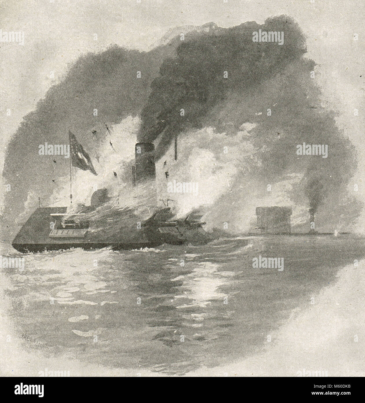 La battaglia di Monitor e Merrimack, (o la Virginia), 8-9 marzo 1862, la Guerra Civile Americana. Conosciuta anche come la battaglia di Hampton Roads, la battaglia di Ironclads, Battaglia del monitor e Virginia. Foto Stock