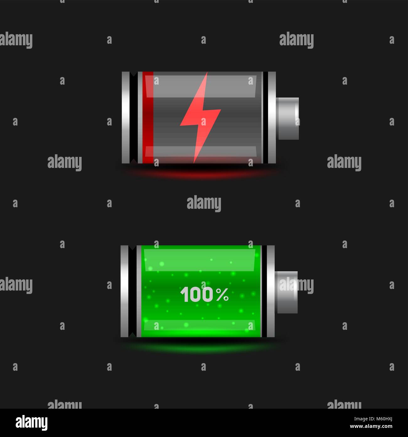 Semplice scaricato e l'icona di batteria carica impostato su nero scuro  dello sfondo. Lucida di raccolta delle batterie con verde rosso arancione  il colore dell'indicatore di carica. Eas Immagine e Vettoriale -