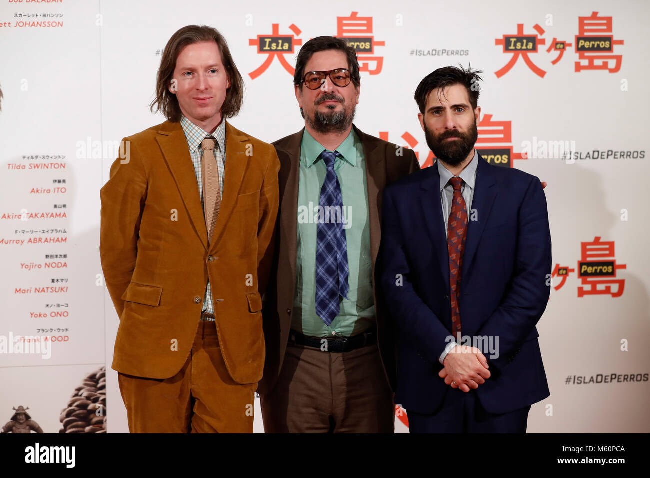 Direttore di Wes Anderson con lo sceneggiatore romano Coppola e attore Jason Schwartzman a photocall di Isle of Dogs in Madrid martedì 27 febbraio 2018. Foto Stock
