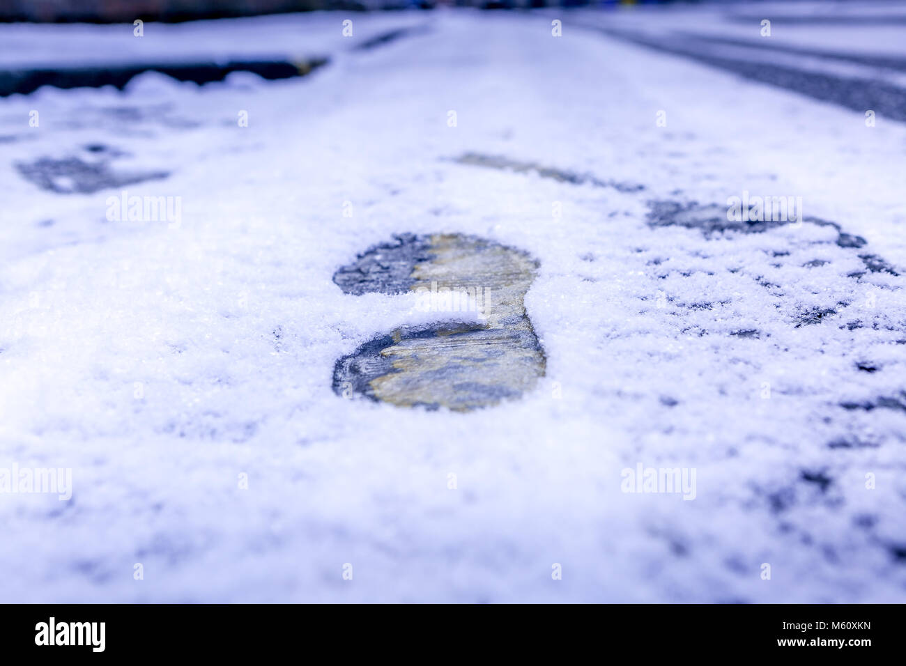 Manchester, Inghilterra. Il 27 febbraio 2018. Regno Unito temperature immergersi come bestia da est porta forti nevicate. Orme nella neve fresca. 'Matthew Walker/Alamy Live News' Foto Stock