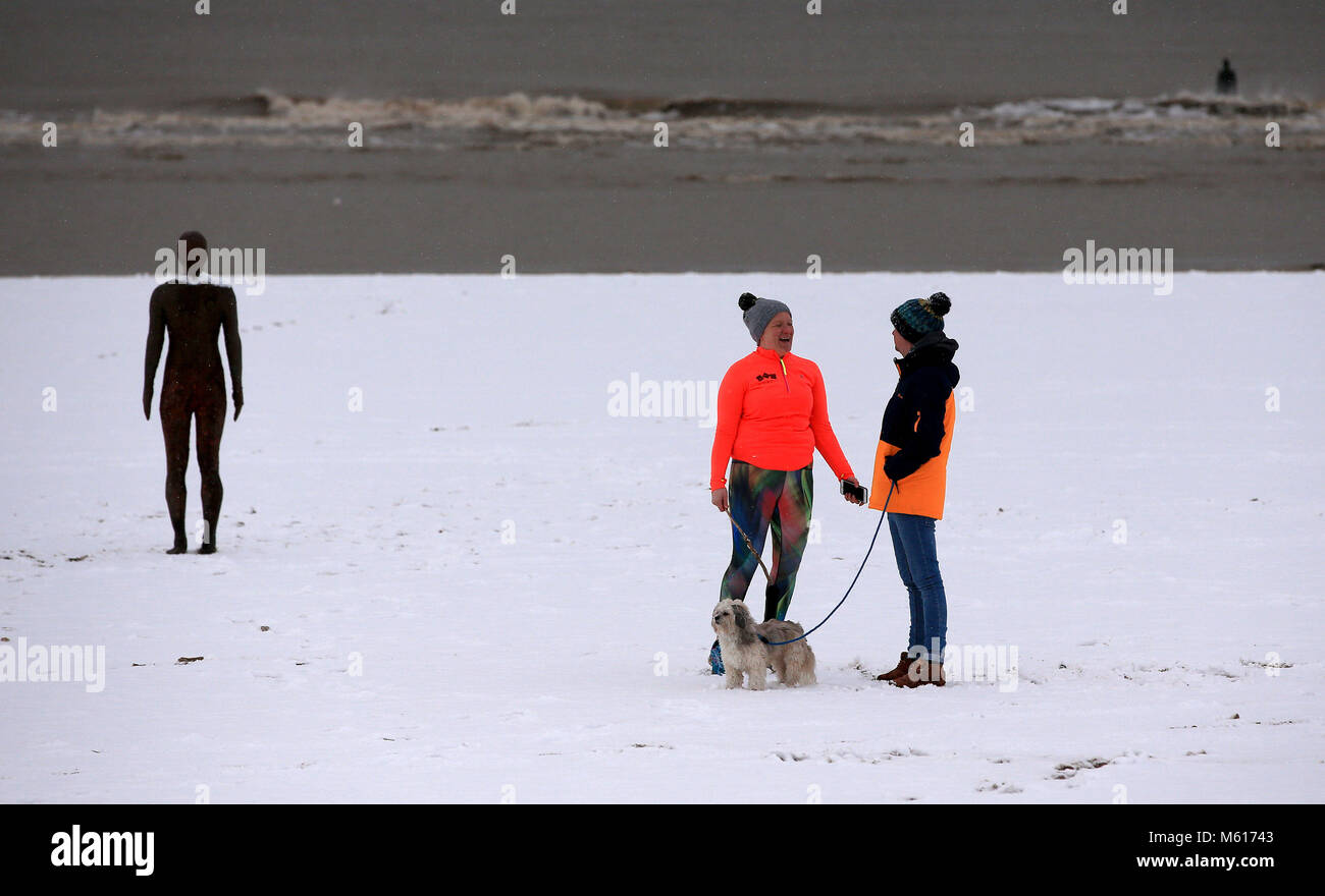 Dog walkers nella neve accanto a un altro luogo da Anthony Gormley, su Crosby il faggio vicino al Liverpool, a seguito di una notte pesante nevicata che ha provocato interruzioni in tutta la Gran Bretagna. Foto Stock