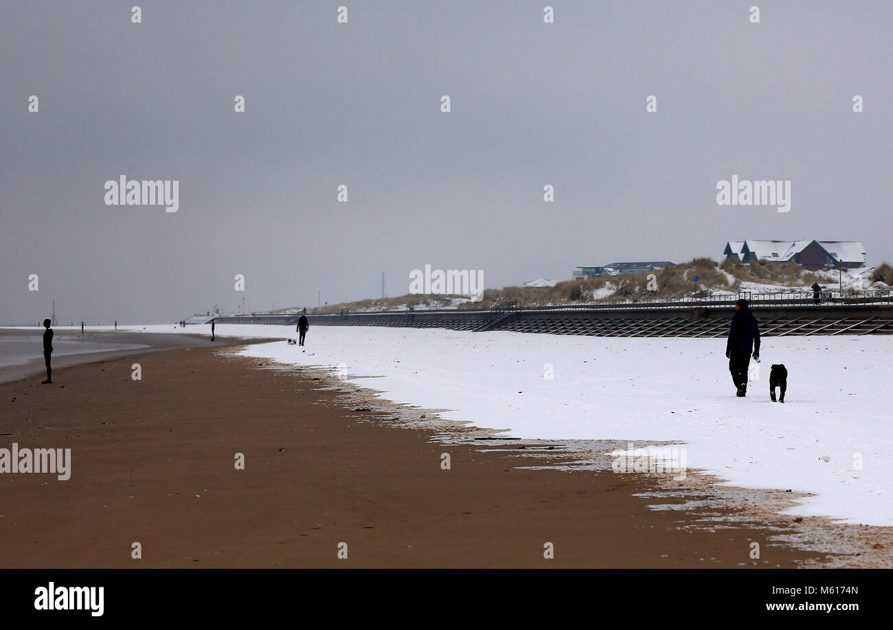 Dog walkers nella neve vicino a un altro luogo da Anthony Gormley, su Crosby il faggio vicino al Liverpool, a seguito di una notte pesante nevicata che ha provocato interruzioni in tutta la Gran Bretagna. Foto Stock