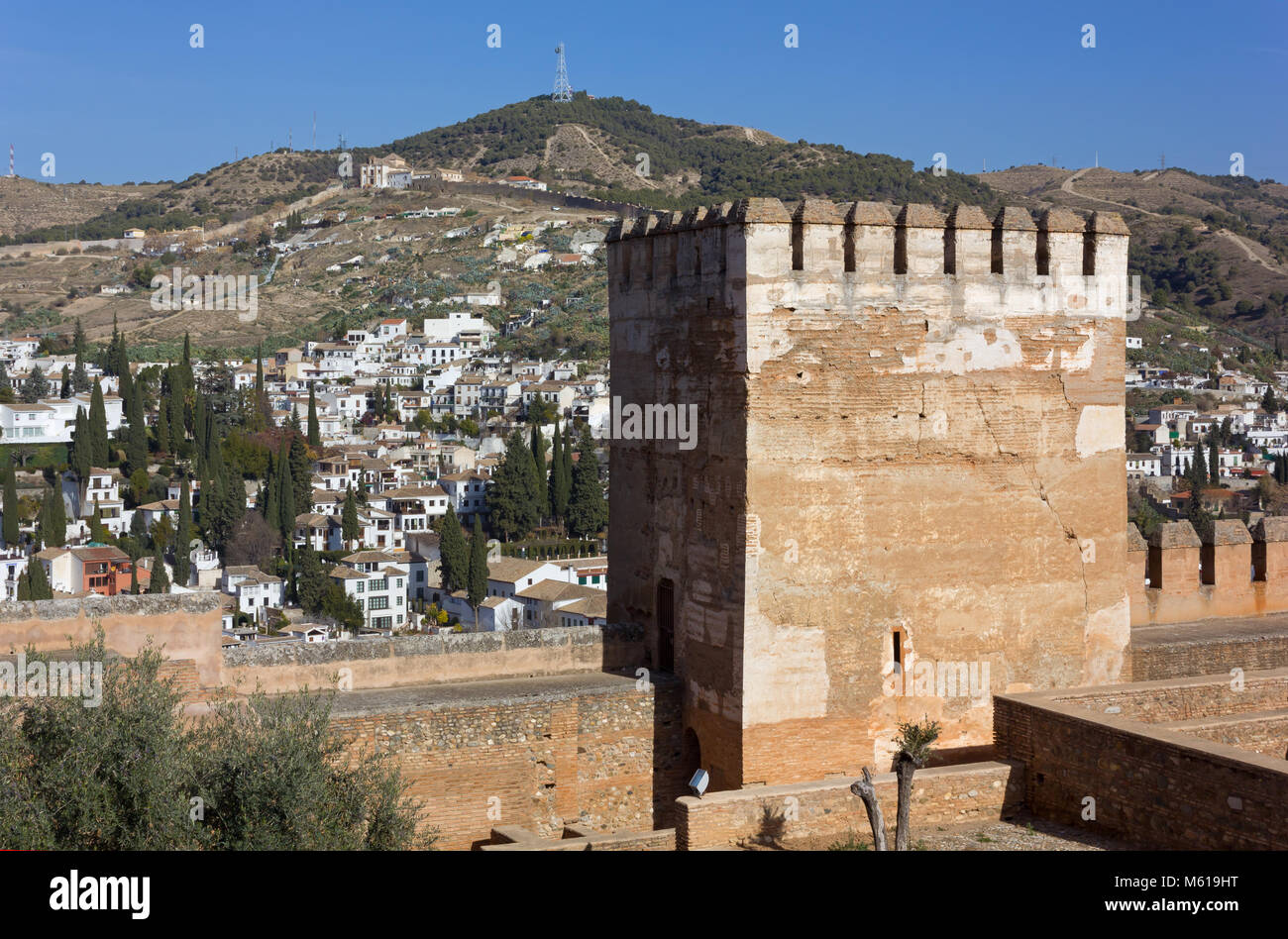 Vista del centro storico quartiere Albaicin da Alhambra di Granada, Spagna Foto Stock