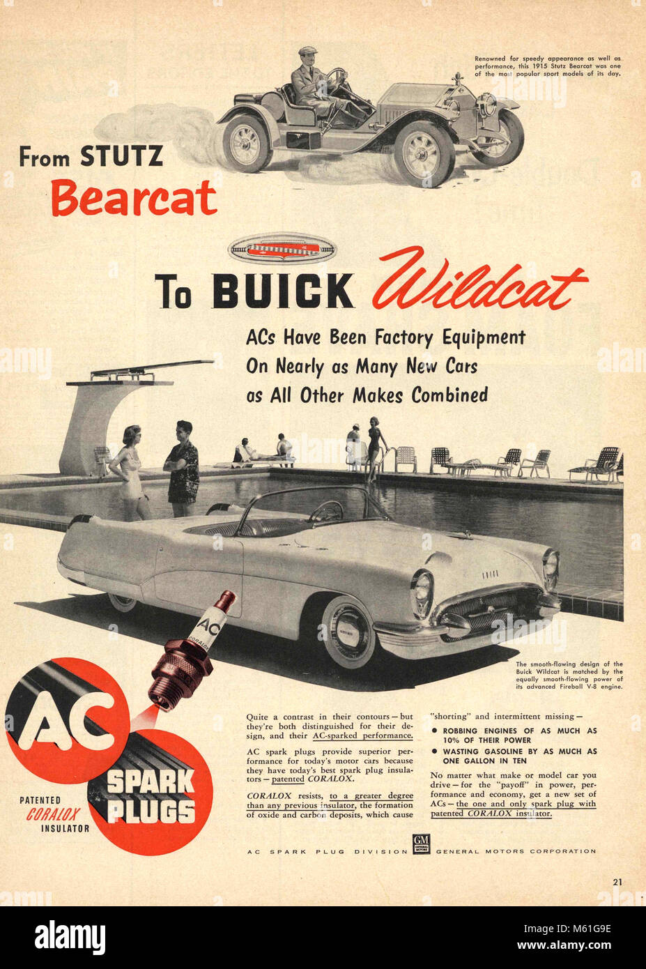1953 poster pubblicitario per American AC candele da Stutz Bearcat a Buick Wildcat. AC Candele di accensione Foto Stock