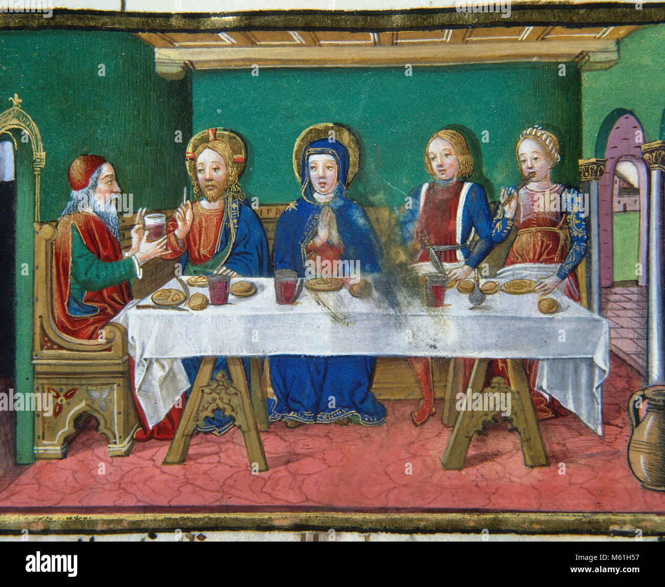 Le Nozze di Cana. La trasformazione di acqua in vino alle nozze di Cana è  il primo miracolo attribuito a Gesù nel Vangelo di Giovanni. Codex di  Predis, 1476. Biblioteca Reale. Torino.