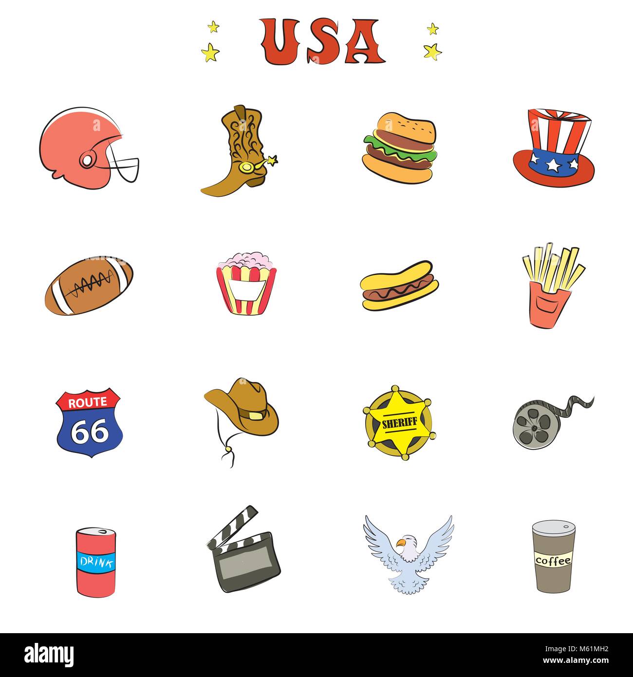 La cultura americana di icone o di oggetti Illustrazione Vettoriale