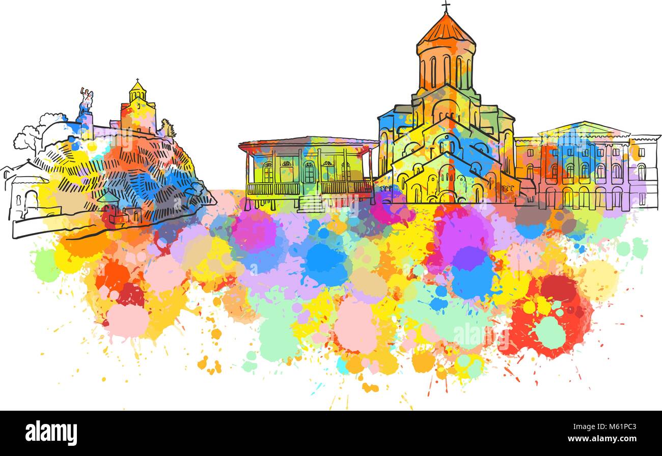 Tbilisi Georgia Landmark colorati Banner. Bella disegnati a mano disegno vettoriale. Illustrazione di viaggio per il social media marketing e pubblicità a mezzo stampa. Illustrazione Vettoriale