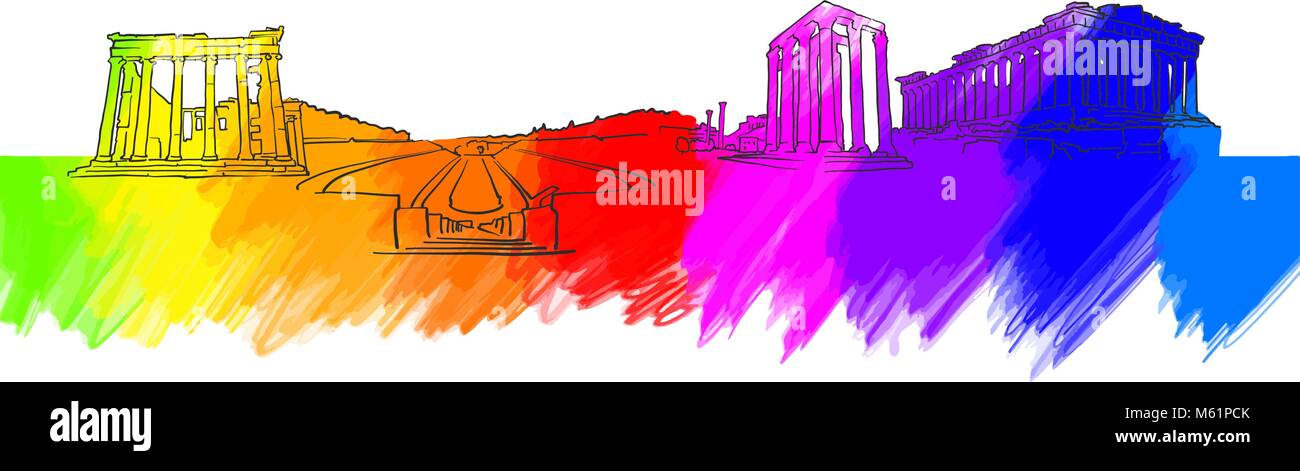 Atene Grecia colorato Landmark Banner. Bella disegnati a mano disegno vettoriale. Illustrazione di viaggio per il social media marketing e pubblicità a mezzo stampa. Illustrazione Vettoriale