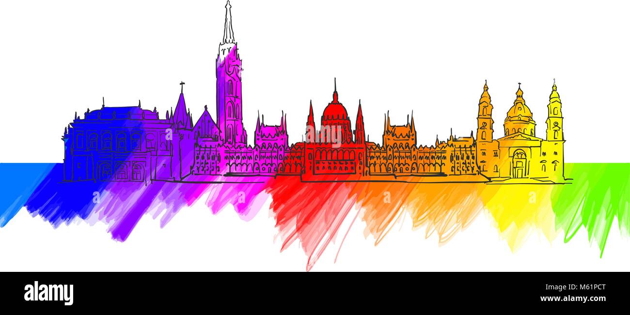 Budapest colorato Landmark Banner. Bella disegnati a mano disegno vettoriale. Illustrazione di viaggio per il social media marketing e pubblicità a mezzo stampa. Illustrazione Vettoriale