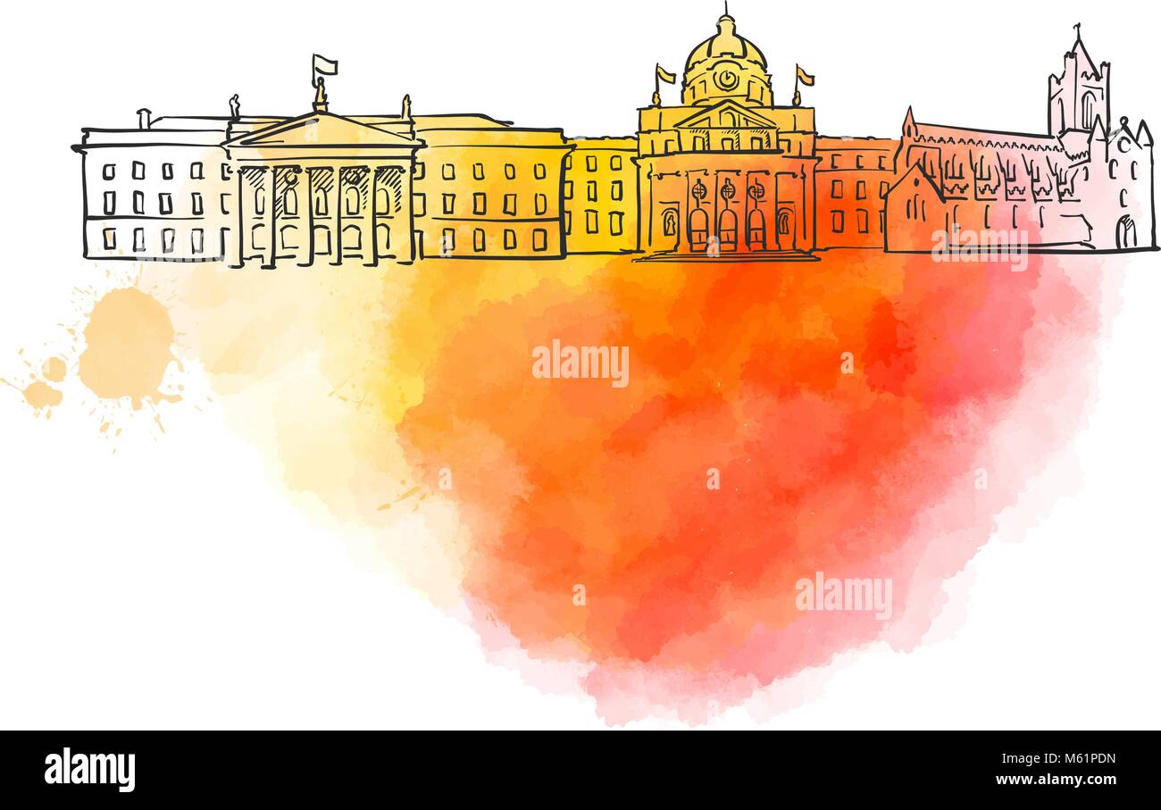 Dublino Landmark colorati Banner. Bella disegnati a mano disegno vettoriale. Illustrazione di viaggio per il social media marketing e pubblicità a mezzo stampa. Illustrazione Vettoriale