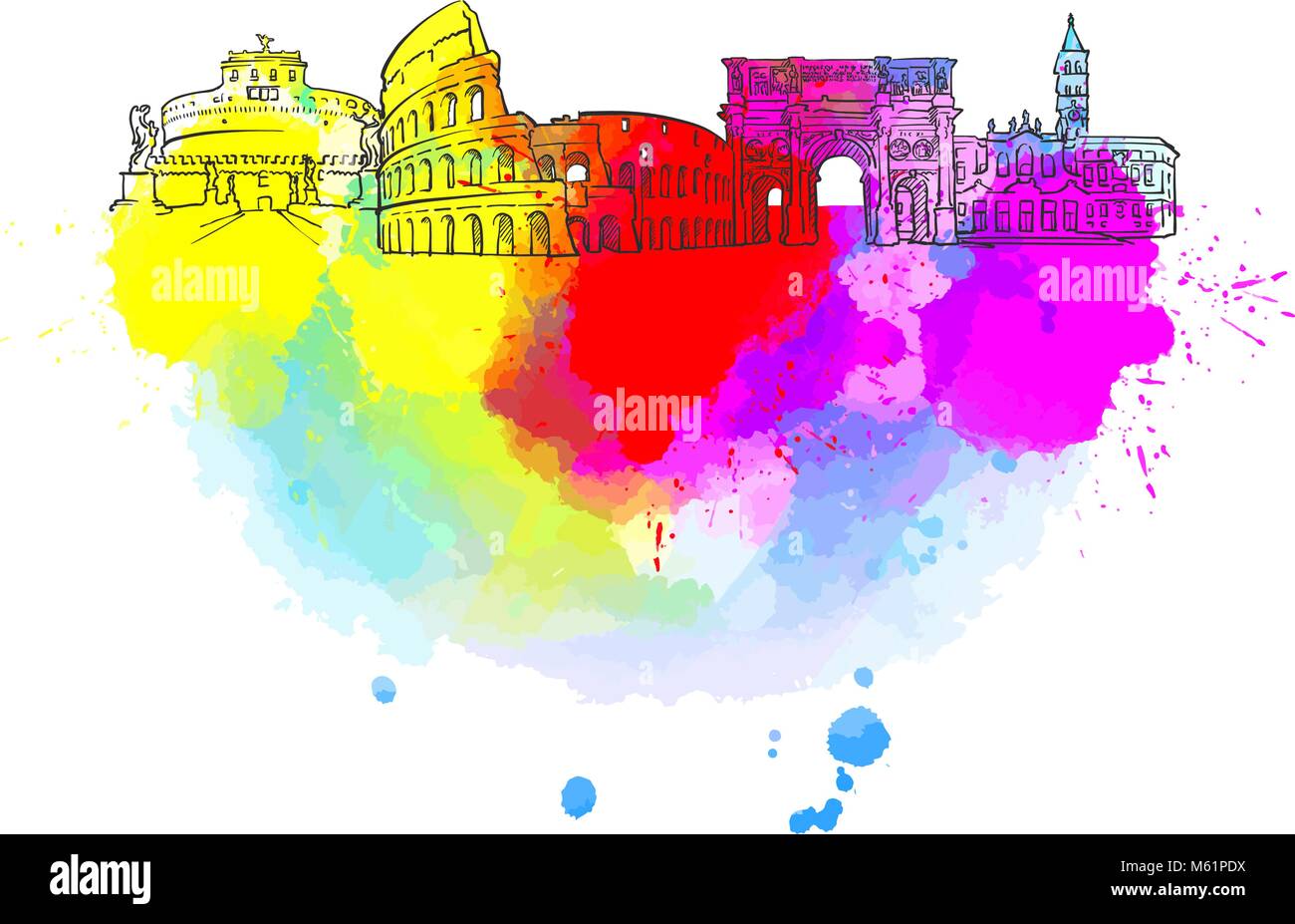 Roma colorato Landmark Banner. Bella disegnati a mano disegno vettoriale. Illustrazione di viaggio per il social media marketing e pubblicità a mezzo stampa. Illustrazione Vettoriale