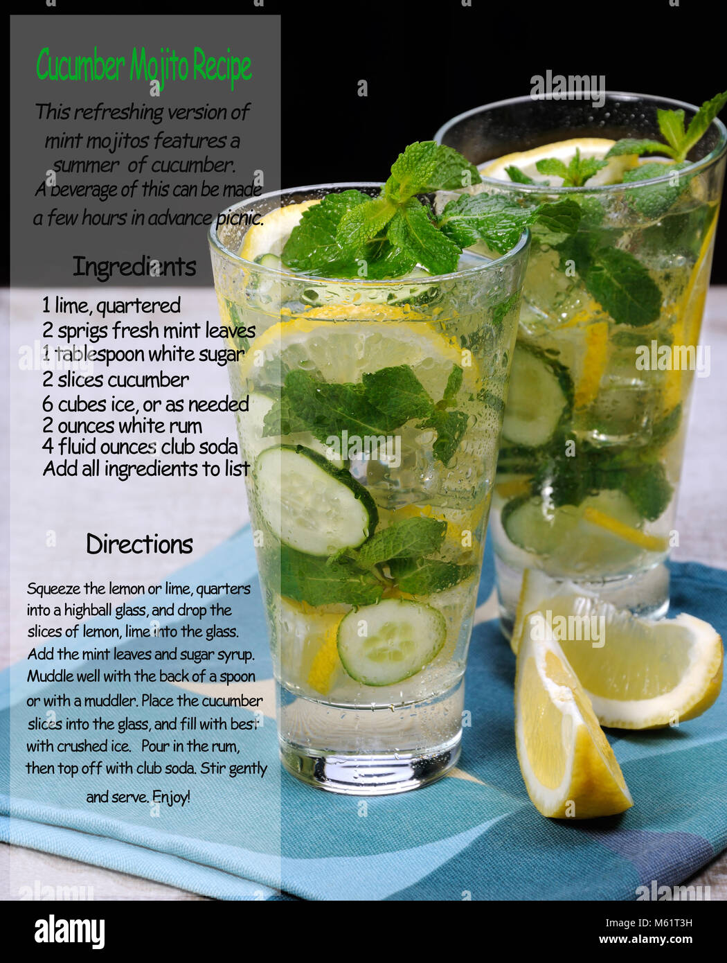 Un Cocktail Rinfrescante Cetriolo Mojito Con Le Fette Di Limone E Menta Bevanda Ricetta Con Gli Ingredienti E La Cottura Di Descrizione Foto Stock Alamy
