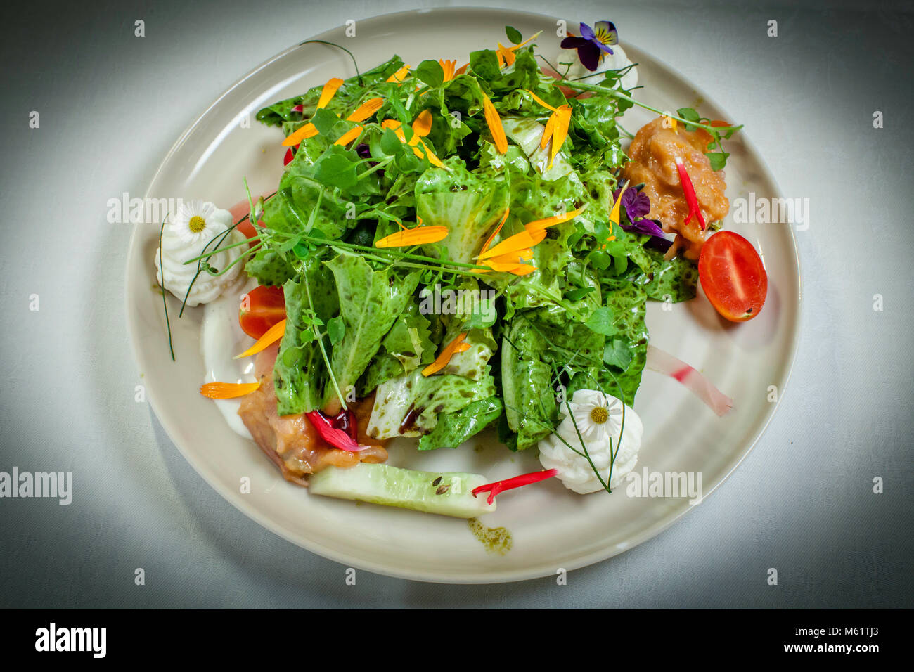 Piatto gourmet in Hotel Schiff a Hittisau, Austria. Un saluto dal giardino. Insalata con chutney di albicocca e olio di semi di zucca, fiori ed erbe Foto Stock