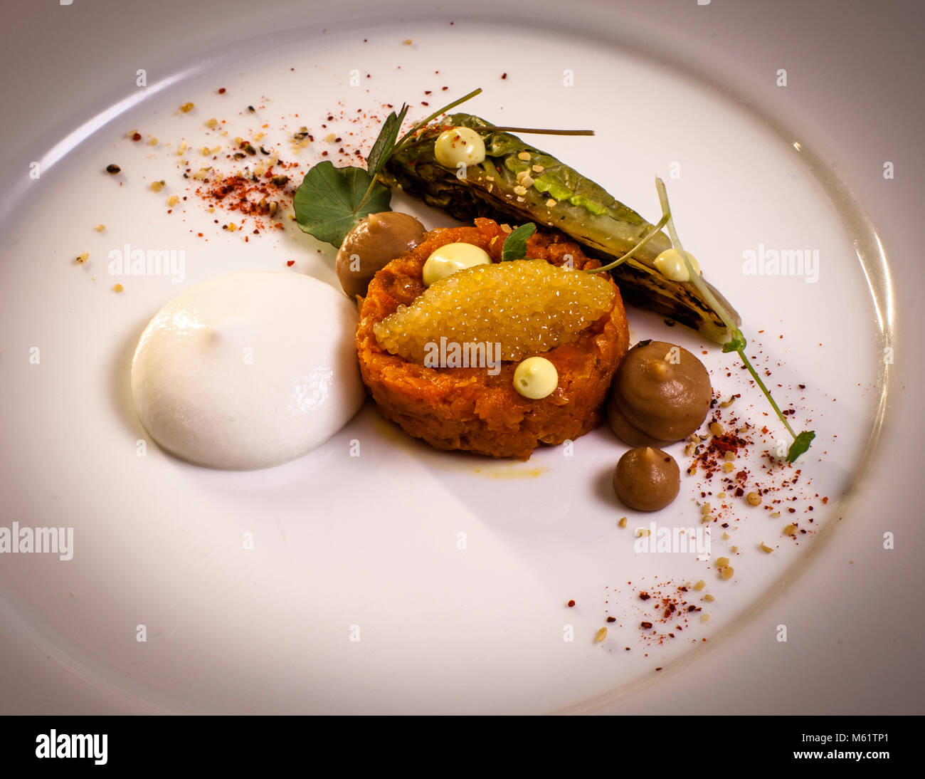 Carote Tatar con fagioli miso, caviale di luccio e latte di pecora di Michelin Star Chef Marco Müller Foto Stock