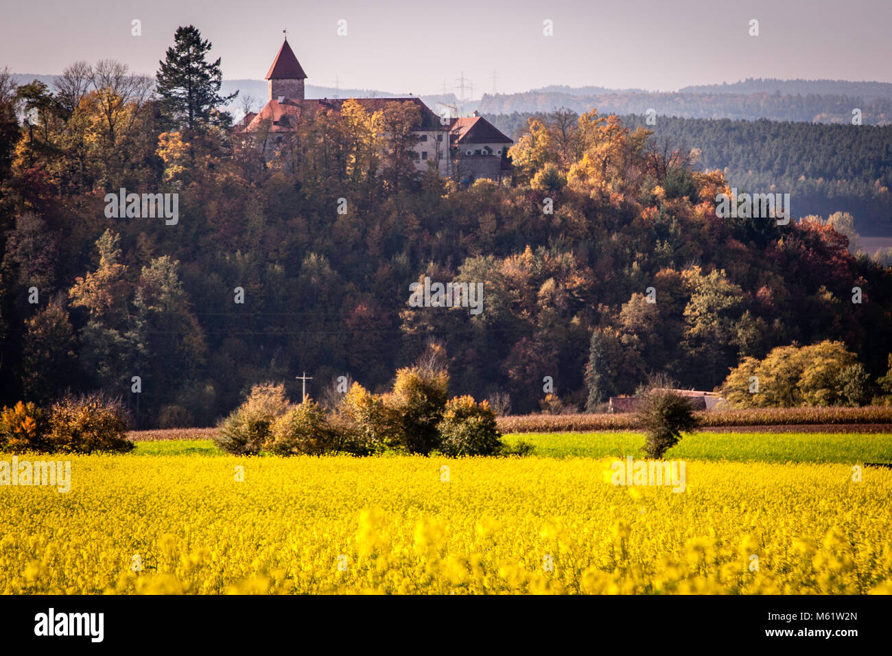 Il Castello di Wernberg è situato su una montagna circondata da campi di senape a Wernberg-Köblitz, in Germania Foto Stock