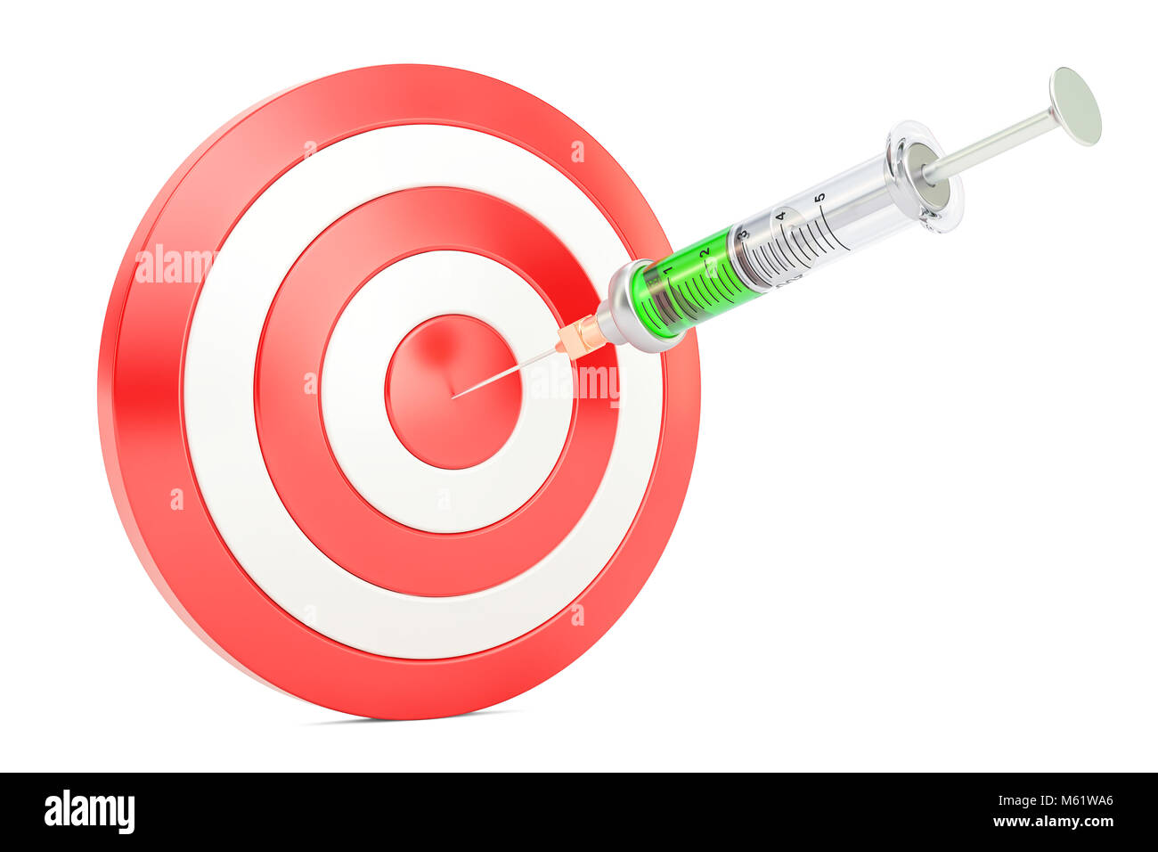 Siringa e bersaglio. Precisione il concetto di medicina, rendering 3D isolati su sfondo bianco Foto Stock