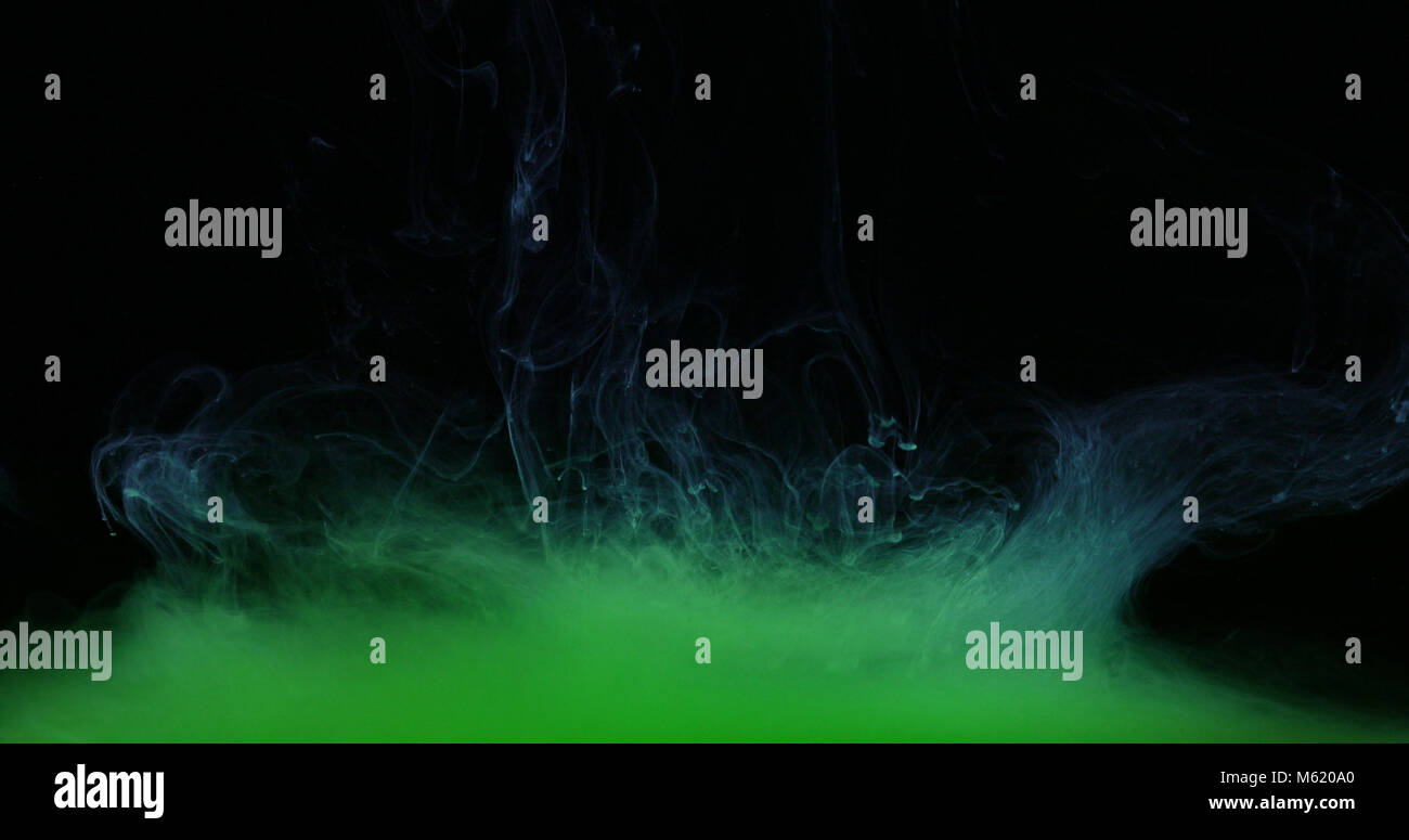 Gocce di verde, le onde e le nuvole di inchiostro la creazione di forme dinamiche in acqua. Abstract effetti di colori della verniciatura a liquido. Studio shot su sfondo nero. Foto Stock