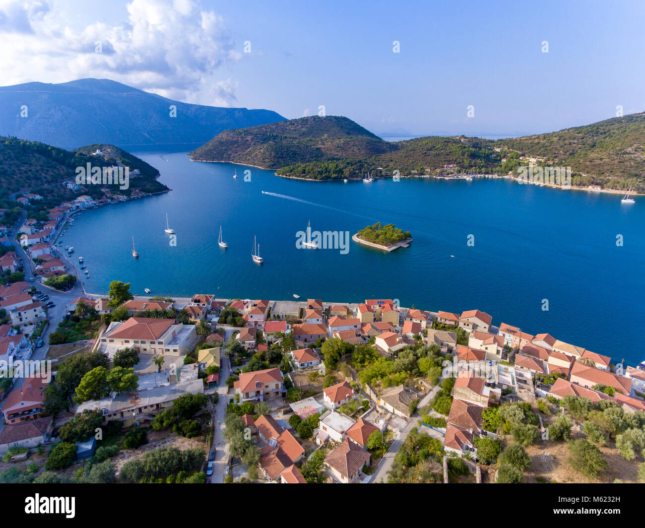 Vathy Itaca porto entrata vista aerea Foto Stock