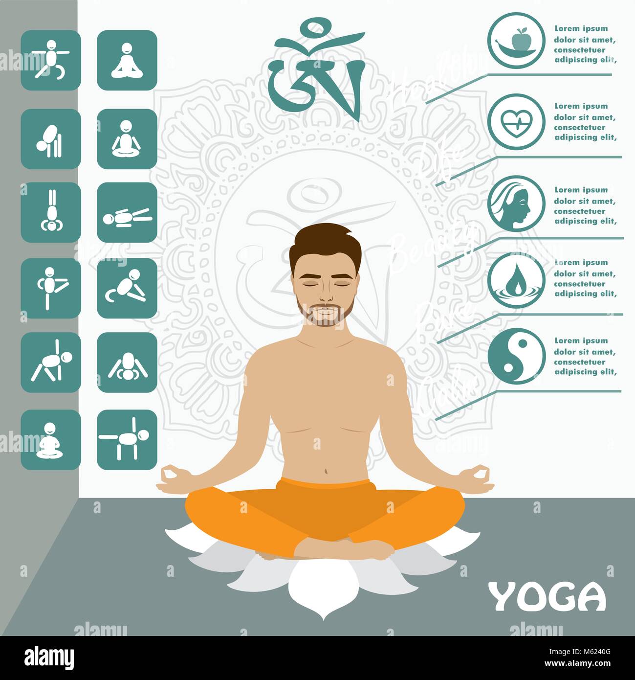 Uomo seduto nella posizione del loto, yoga infographics e icona, illustrazione vettoriale Illustrazione Vettoriale