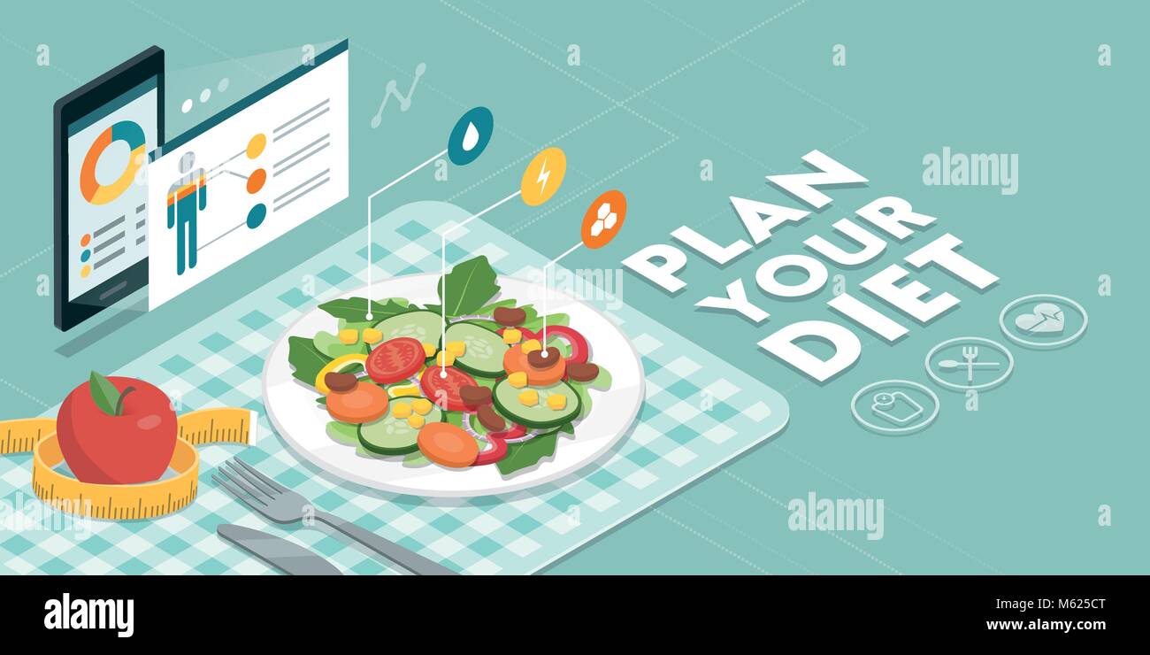 Il cibo e la dieta app mostra fatti di nutrizione e di calorie di un pasto, mangiare sano e concetto di tecnologia Illustrazione Vettoriale