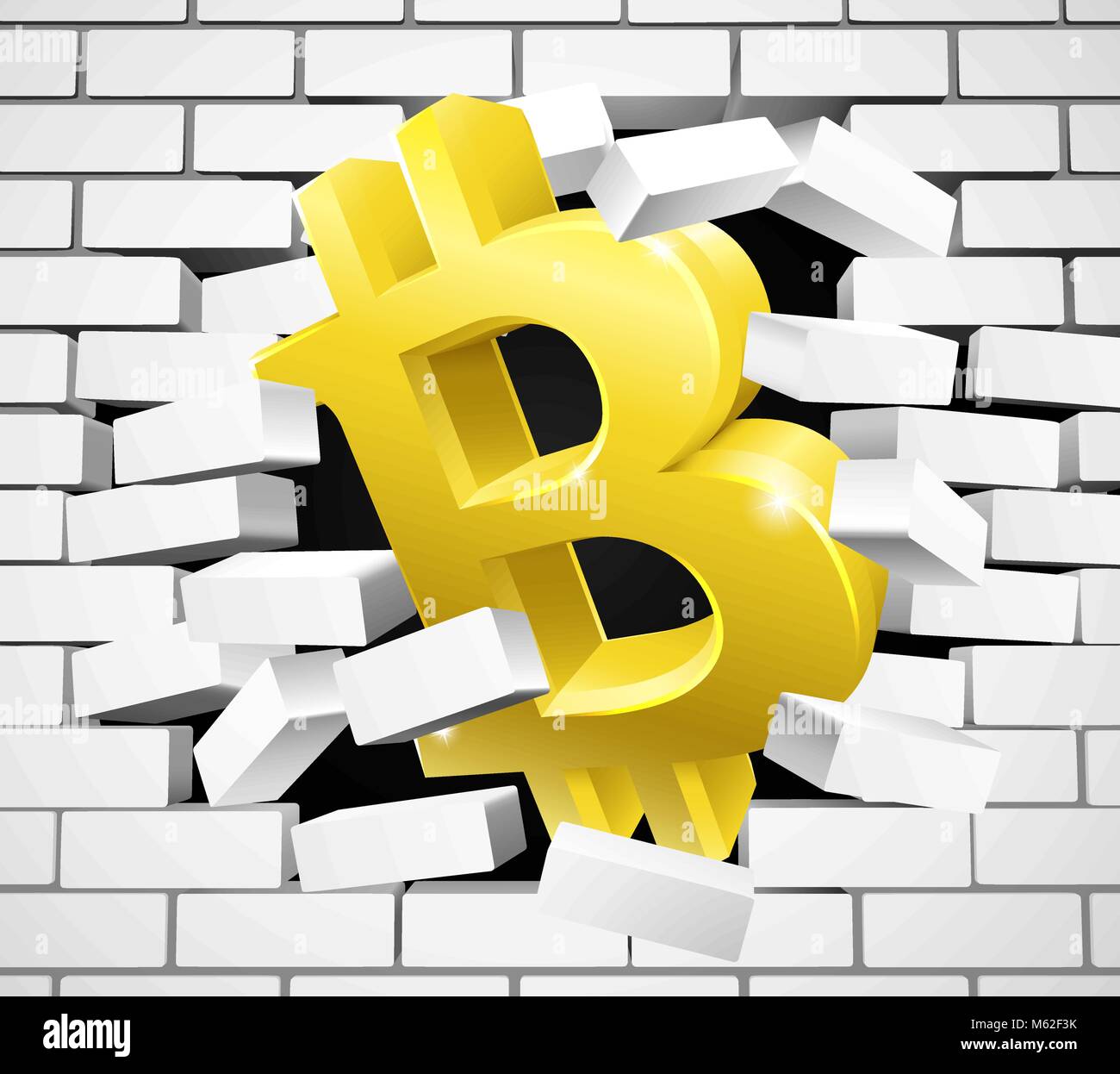 Bitcoin icona del segno bianco di rottura della parete di mattoni Illustrazione Vettoriale