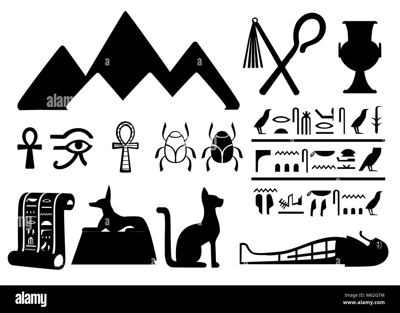Silhouette nera antichi simboli egiziano e la decorazione Egitto icone piatta illustrazione vettoriale isolati su sfondo bianco pagina del sito web e mobile app design Illustrazione Vettoriale