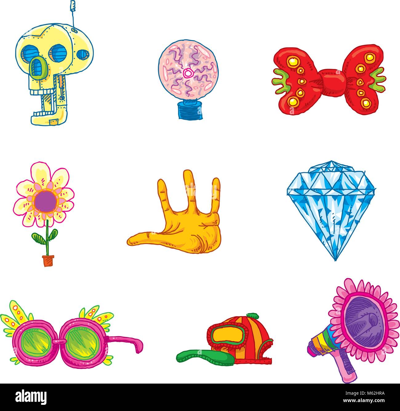 Una collezione di funky cartoon icone con un robot cranio, plasma Globe, il filtro bow tie, fiore, il palmo della mano, diamante, occhiali, un cappello da baseball e un bullhorn Illustrazione Vettoriale