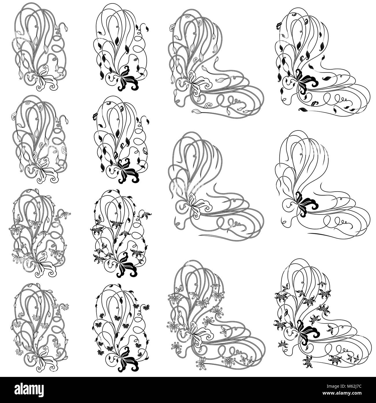 Set di quattordici swirl design floreale elementi con foglie e fiori, illustrazione vettoriale Illustrazione Vettoriale