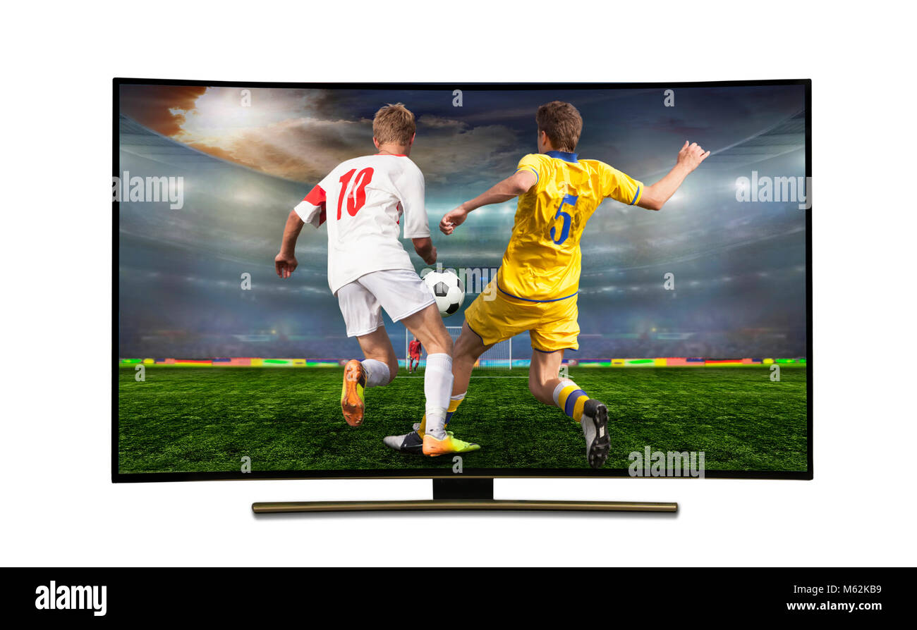 La visione di smart tv traduzione del gioco di calcio. stadium, campionato Foto Stock