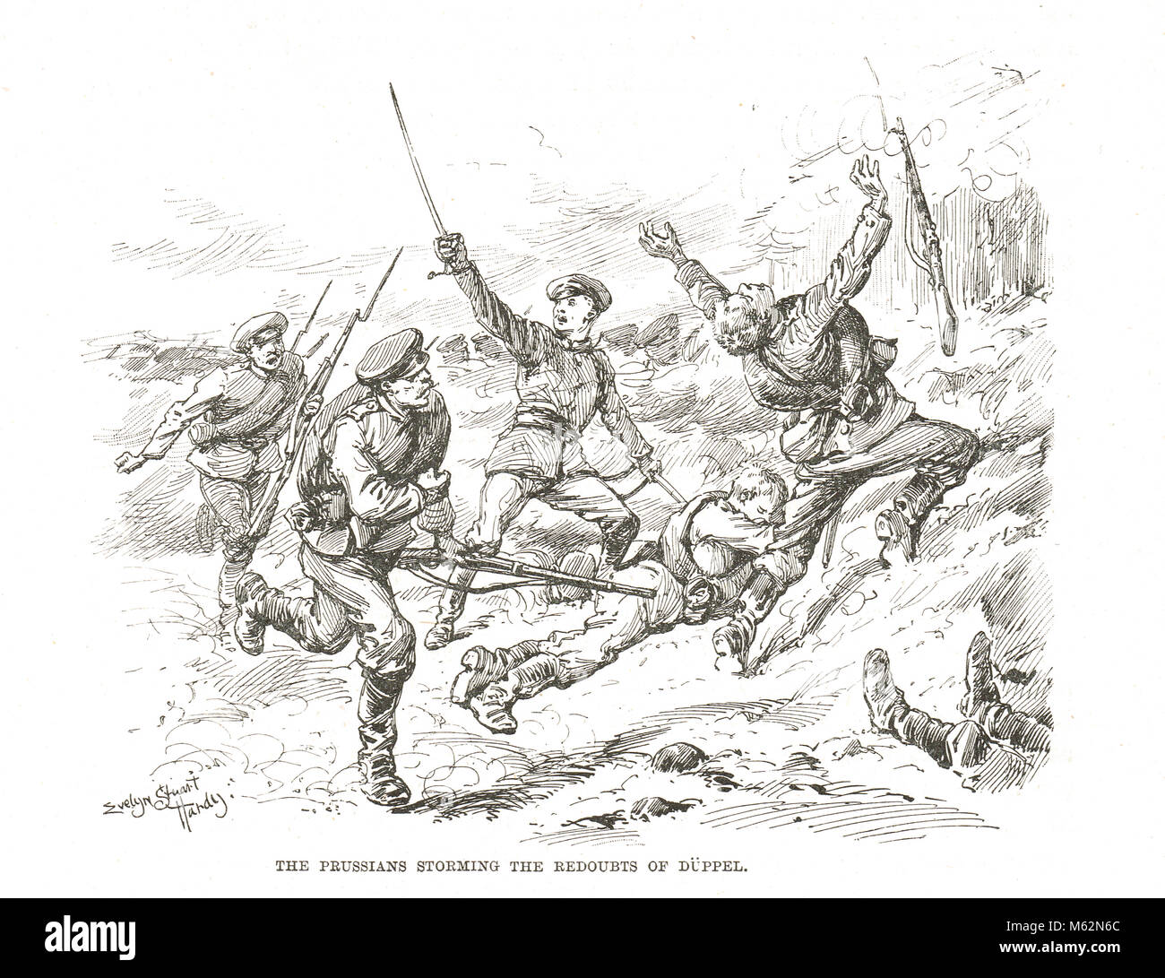 Prussiani storming il ridotte nella battaglia di Dybbøl, noto anche come Duppel, chiave per la battaglia della Seconda guerra dello Schleswig, 18 aprile 1864 Foto Stock