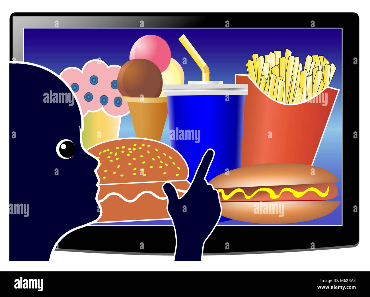 Bambino sviluppa cattive abitudini alimentari mentre si guarda il televisore a causa di cibo pubblicità mirata ai bambini Foto Stock