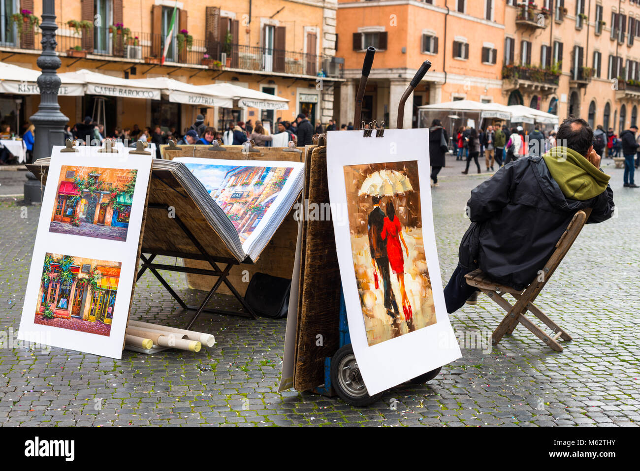 Arte venditore su Piazza Navona, Roma, lazio, Italy. Foto Stock